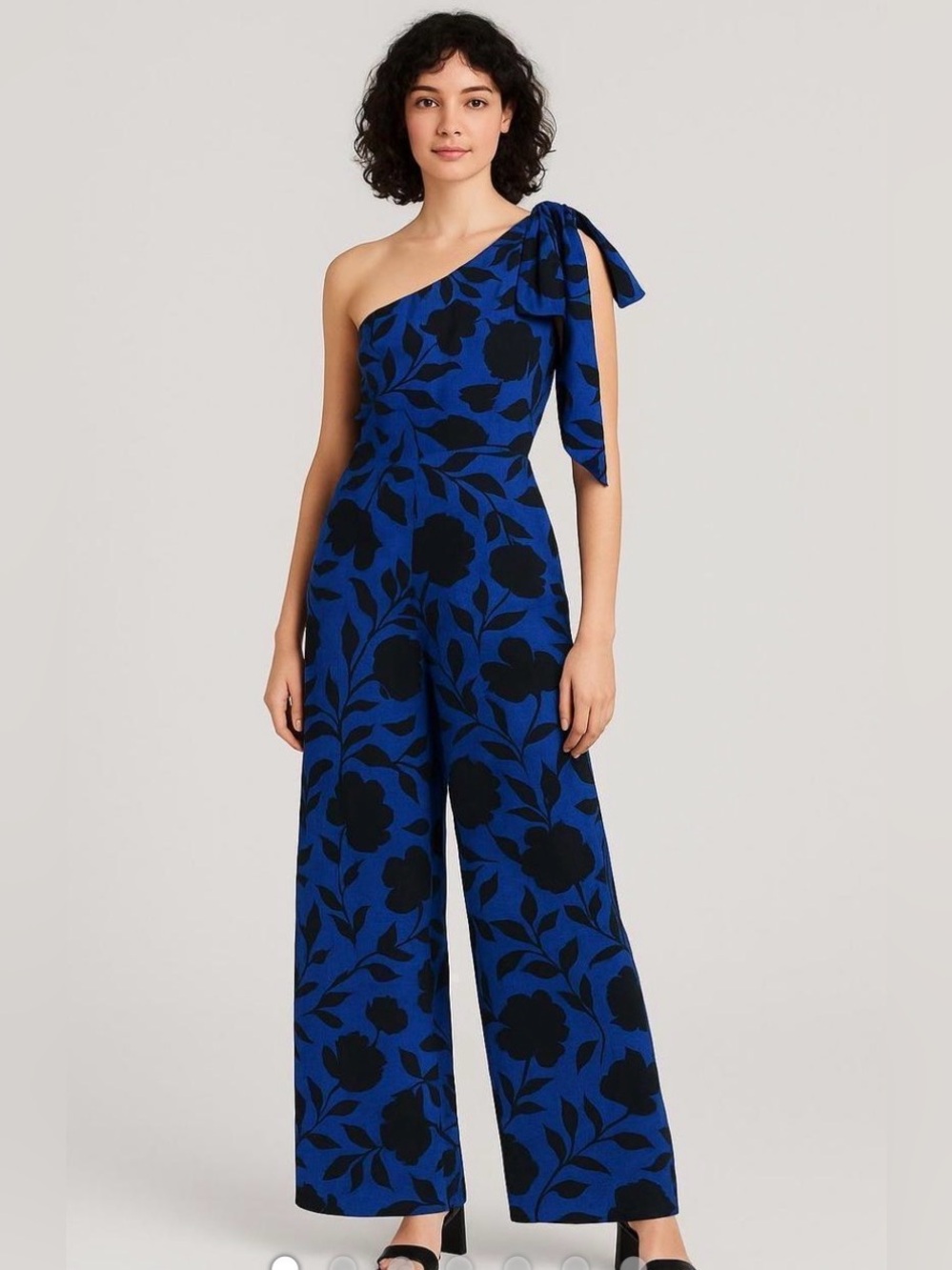 Kate Spade x Target One-Shoulder Royal Blue & Black Floral Jumpsuit with Tie Bow